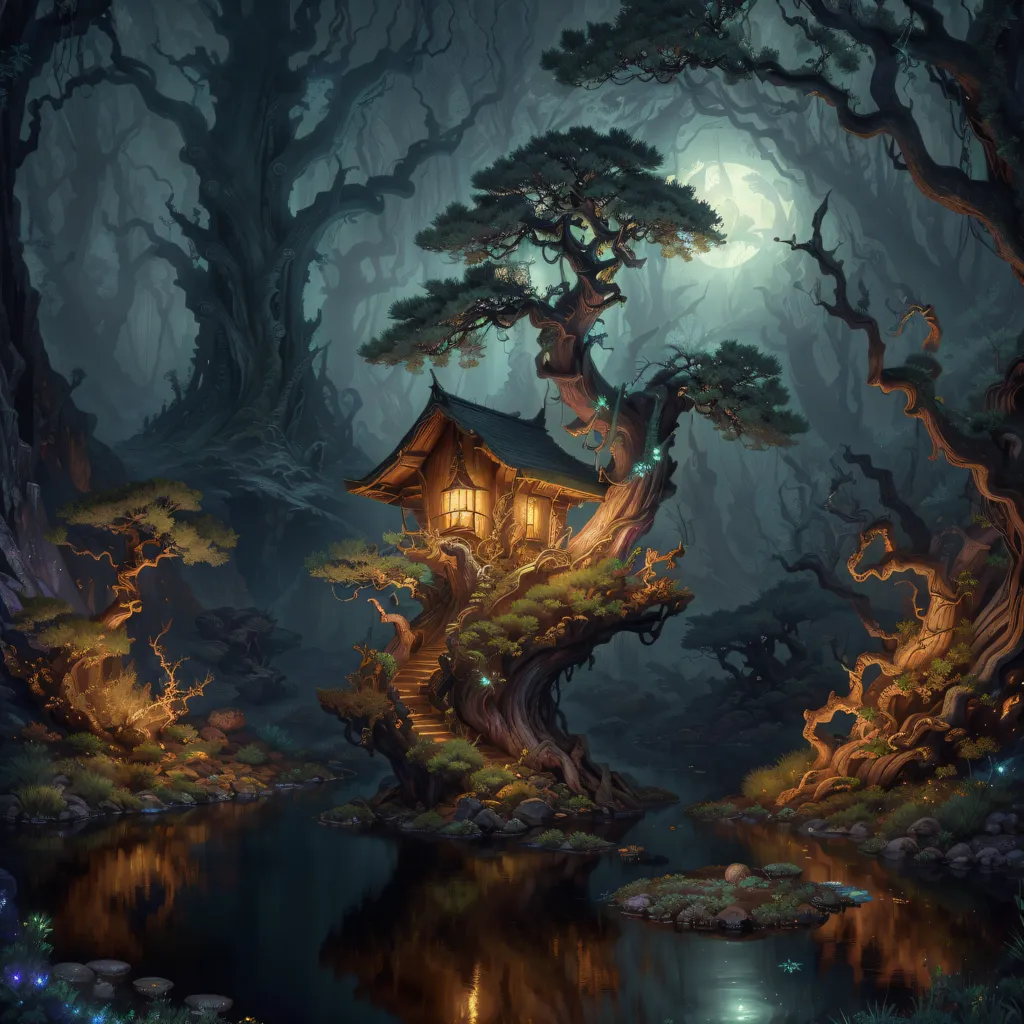 The image is a digital painting of a treehouse in a forest. The treehouse is built on a large tree that is surrounded by other trees. The forest is dark and mysterious, and the only light comes from the moon and the stars. The treehouse is lit up from the inside. There is a path that leads up to the treehouse.