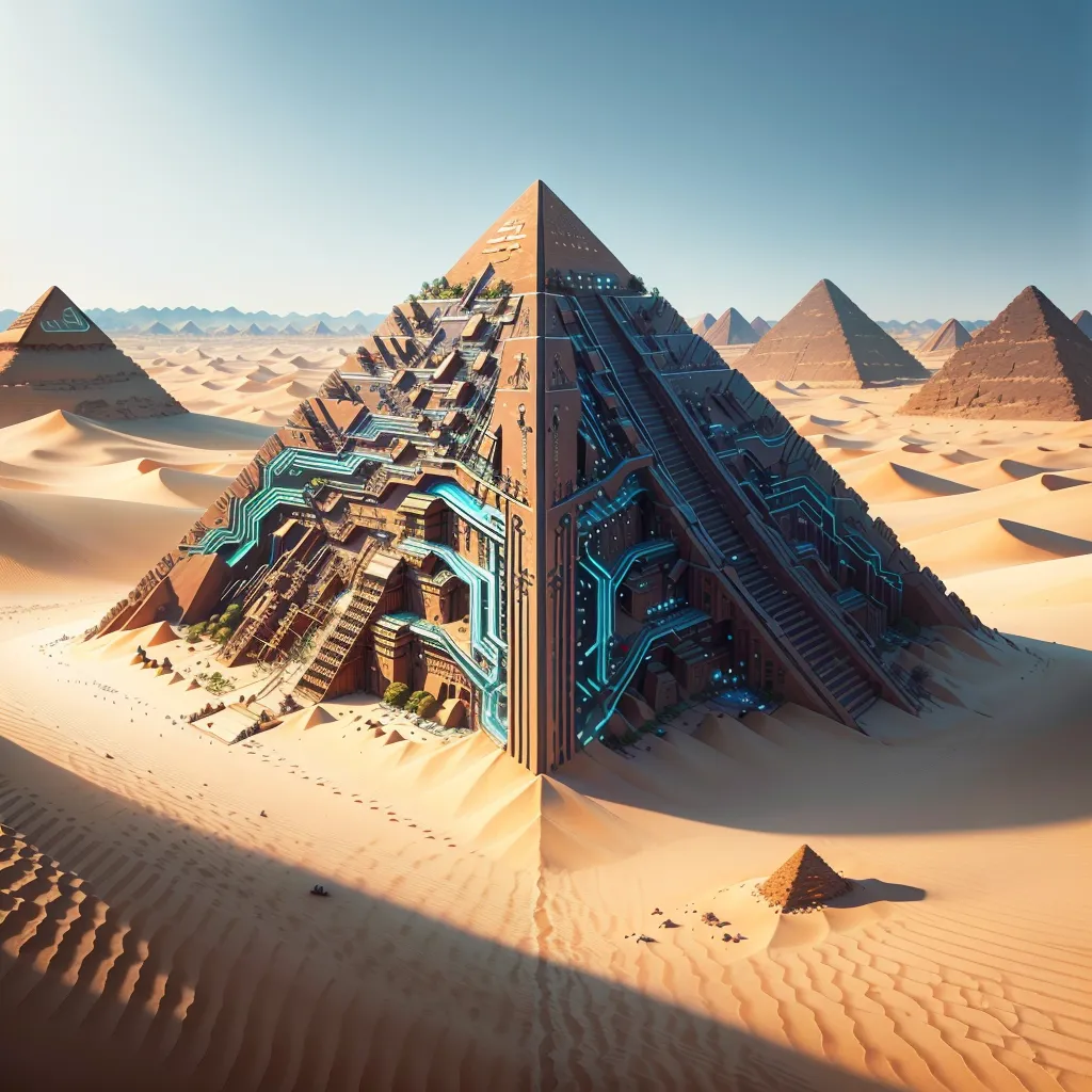 The image is of a large, ancient pyramid made of stone. It is located in a desert, with other pyramids in the background. The pyramid is covered in intricate carvings and hieroglyphs. The image is very detailed and realistic.