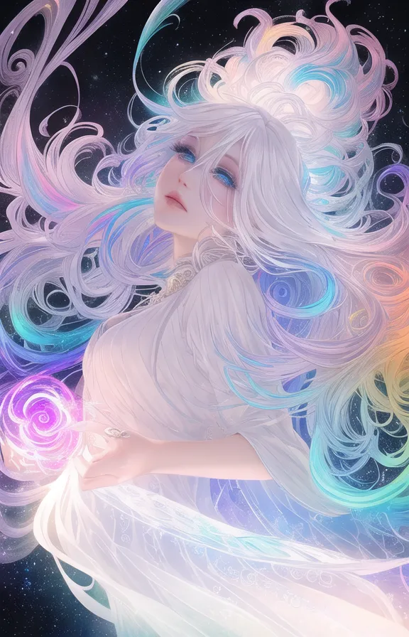 La imagen es una pintura de una hermosa mujer con cabello blanco largo y ondulado. Su cabello también es de colores del arcoíris, con toques de rosa, azul y morado. Lleva un vestido blanco con escote de corazón. La mujer está de pie frente a un fondo azul oscuro, con un cielo estrellado. Sostiene una rosa en su mano derecha. La rosa es blanca con pétalos de colores del arcoíris. Los ojos de la mujer son azules y tiene largas pestañas negras. Sus labios están ligeramente entreabiertos y tiene una expresión serena en su rostro.