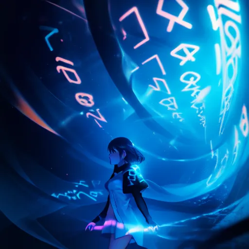 The image is of an anime girl with short black hair and blue eyes. She is wearing a white dress with a black jacket. She is standing in a dark blue space with bright blue glowing symbols floating around her. The symbols are in a variety of languages, including English, Japanese, and Chinese. The girl is looking at the symbols with a curious expression on her face.