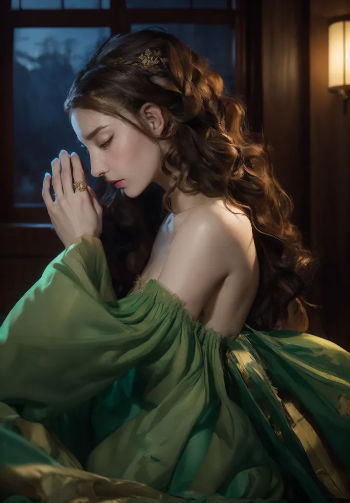 The image shows a young woman with long brown hair and green eyes. She is wearing a green dress with off-the-shoulder sleeves. The dress is trimmed with gold and has a sweetheart neckline. The woman is sitting in a dark room with a window in the background. She is looking down with her hands clasped in front of her. The woman is wearing a ring on her right hand. The ring is gold and has a large green stone in the center.