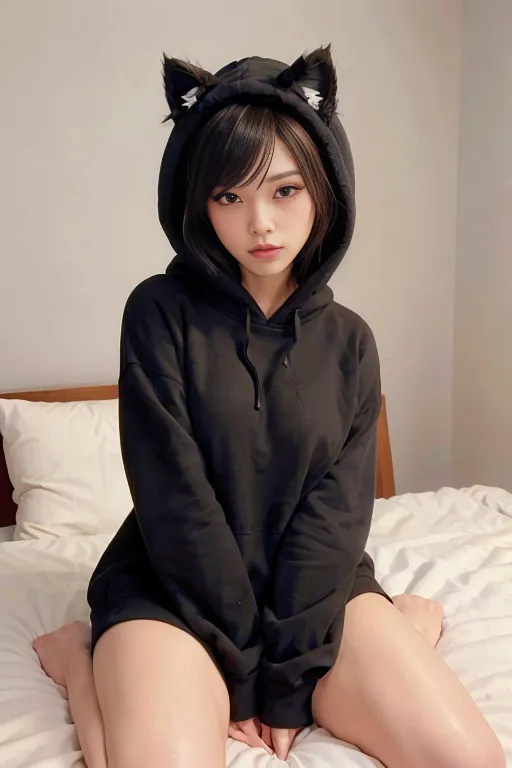 The image shows a young woman with long black hair and black cat ears. She is wearing a black hoodie with cat ears on the hood. The hoodie is pulled down to reveal her shoulders. She is sitting on a bed with her legs crossed. She has a shy expression on her face and is looking at the camera.