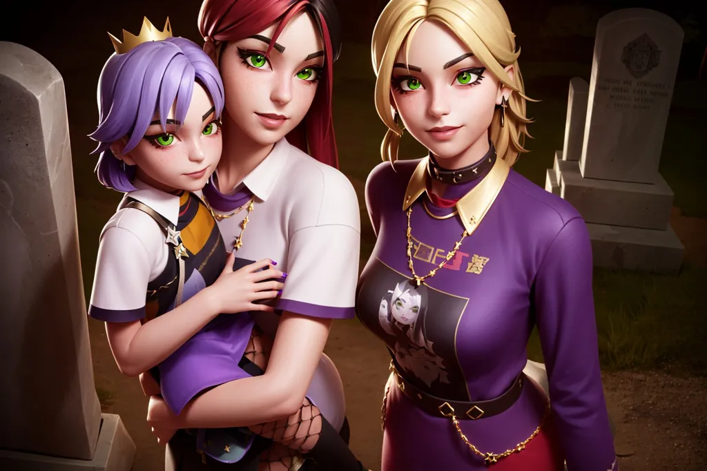 The image shows three female characters. They are standing in a cemetery. The woman in the middle is wearing a purple shirt and has purple hair. She is holding a little girl with purple hair. The woman on the right is wearing a black shirt and has blonde hair. She is standing next to the woman in the middle. The little girl is wearing a purple dress and has purple hair. She is standing in front of the woman in the middle.