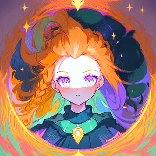 This is an image of a young woman with long orange hair and purple eyes. She is wearing a green and brown outfit. She has a pendant around her neck. She is standing in front of a colorful background. She looks like she is from an anime.