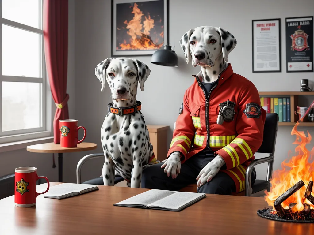 A imagem mostra um quarto com uma janela, uma mesa e duas cadeiras. Há uma lareira com um fogo aceso. Há dois cães dálmatas na sala. Um cão está sentado em uma cadeira e o outro cão está em pé ao lado da cadeira. O cão sentado na cadeira está usando um uniforme de bombeiro e o outro cão está usando um colar. Há três xícaras de café na mesa. Há um livro aberto na mesa. Há estantes de livros na parede atrás da mesa. Há uma imagem emoldurada de um incêndio na parede atrás do cão na cadeira. Há um sinal na parede atrás do cão em pé.