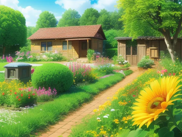 This is a picture of a small cottage house surrounded by a garden. The cottage has a brown roof and brown walls. The garden is full of flowers and plants. There is a brick path that leads from the front gate to the front door of the cottage. The garden is full of colorful flowers, including sunflowers, daisies, and roses. There is a tree in the front yard of the cottage. The sky is blue and there are some clouds in the sky.