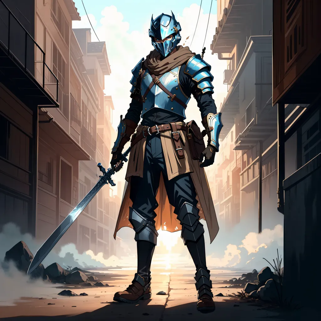 The image shows a man wearing a suit of blue and brown armor. He is also wearing a brown cape and a helmet with a blue visor. He is carrying a sword in his right hand. He is standing in a street with buildings on either side. The sky is blue and there are clouds in the distance.