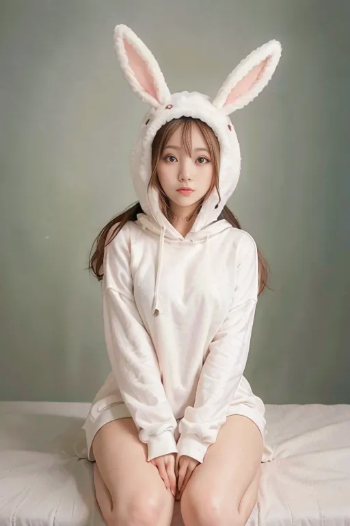 The image shows a young woman wearing a white hoodie with rabbit ears. The hoodie is oversized and looks very soft and comfortable. The woman has long brown hair and big brown eyes. She is sitting on a bed with her knees drawn up to her chest and her hands clasped around her legs. She is looking at the camera with a shy smile on her face. The background is a pale green color.