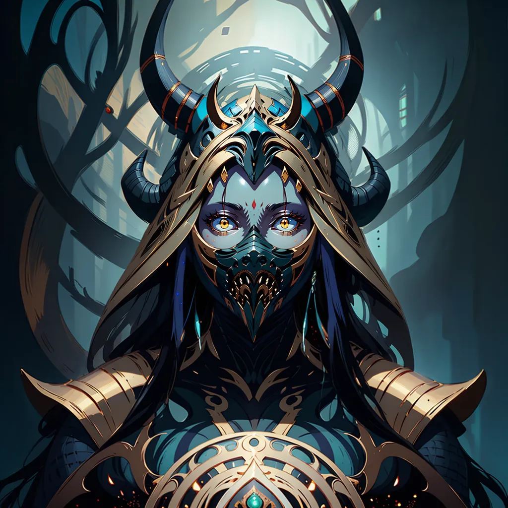 The image is a portrait of a female with dark blue hair, gold eyes, and black horns. She is wearing a black and gold mask and a gold and teal colored outfit. She has a serious expression on her face. The background is dark with a spotlight shining down on her.