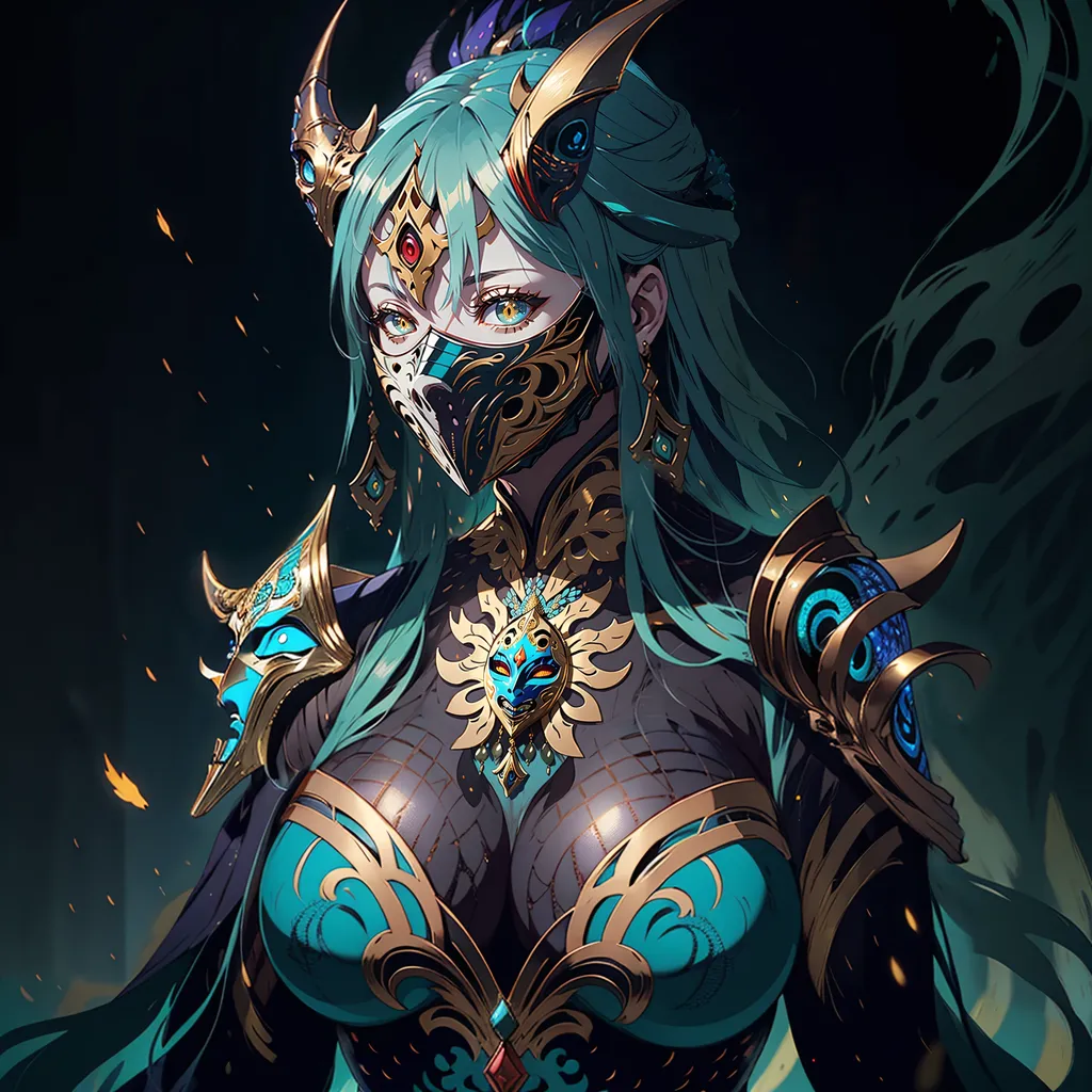 The picture shows a woman with long green hair and golden eyes. She is wearing a golden mask and a blue and gold outfit. The outfit has a lot of intricate details. She is also wearing a necklace with a sun pendant. The background is dark with some light green and orange accents.