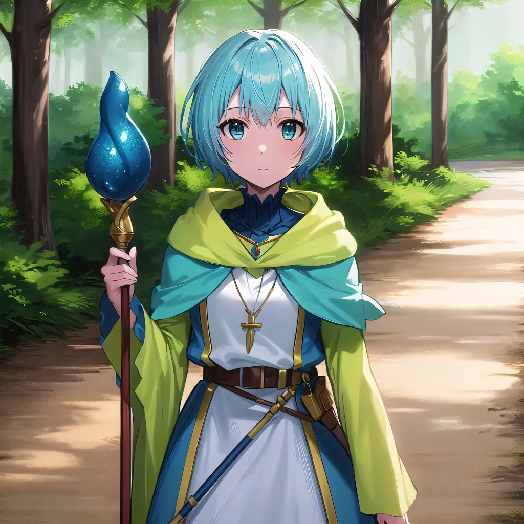 The image shows a young woman with blue hair and green eyes. She is wearing a white dress with a green cloak. She is also wearing a brown belt and a necklace with a cross on it. She is holding a staff with a blue flame on the end. She is standing in a forest, and there are trees all around her.