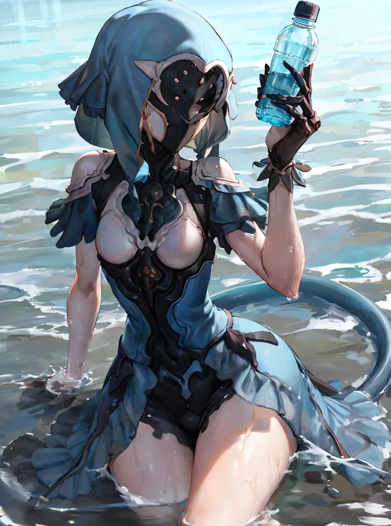 The image is of a woman with blue skin and mid-back length white hair wearing a blue and black swimsuit-like outfit with a metal breastplate and a blue hood. She is sitting in the shallow part of the ocean, with her legs in the water and her upper body out of the water. She is holding a clear plastic water bottle in her right hand and has a small, serpentine tail.