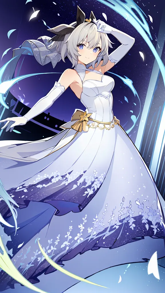 The picture shows a young woman with a gentle smile on her face. She has silver hair and purple eyes. She is wearing a beautiful white dress with a blue sash and a yellow flower. There is a white and blue gradient of flower petals in the background.