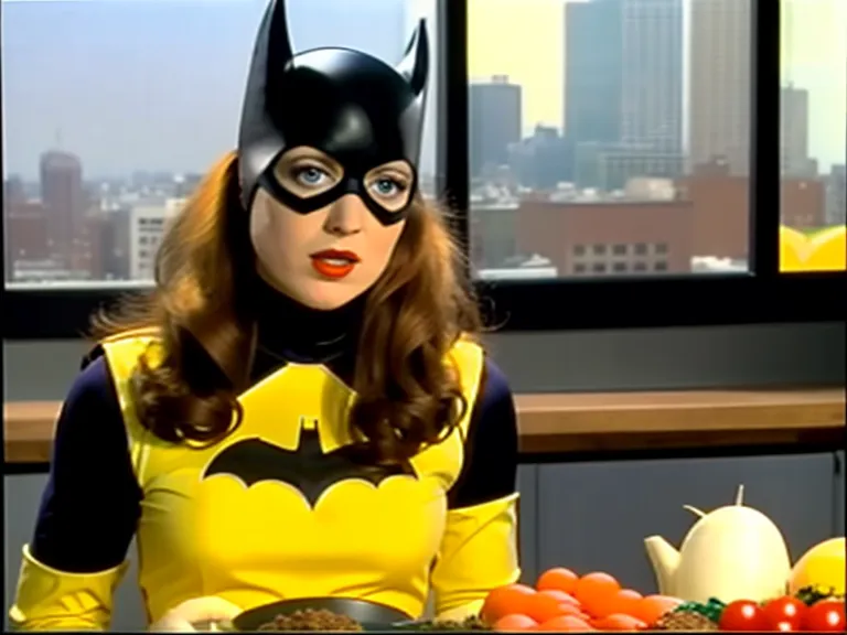 The image shows a woman dressed as Batgirl. She is wearing a black bat-shaped mask, a yellow bodysuit with a bat symbol on the chest, and a yellow cape. She is standing in front of a window, with a cityscape in the background. There are tomatoes and a teapot on the table.