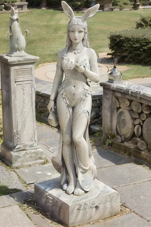 The image is a statue of a woman with rabbit ears. The statue is made of white marble and is life-size. The woman is depicted as young and beautiful, with a serene expression on her face. She is wearing a long, flowing gown that is belted at the waist. Her hair is long and flowing, and she is wearing a pair of rabbit ears. The statue is standing on a pedestal, and there is a small fountain at her feet. The statue is located in a garden, and there are trees and flowers in the background.