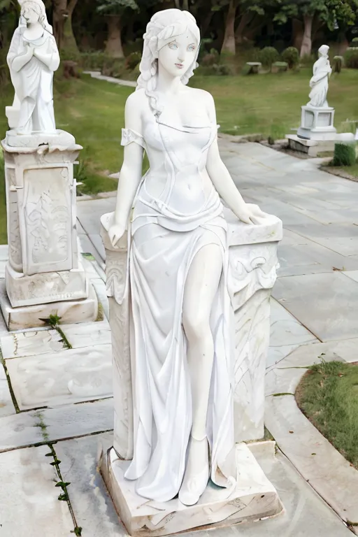 A imagem é uma estátua de uma mulher feita de mármore branco. A mulher é retratada em pé com a perna esquerda cruzada atrás da perna direita, seu peso deslocado para o quadril direito. Ela está usando um vestido com decote baixo e uma fenda no lado esquerdo da perna. Seu cabelo é longo e ondulado, e ela está usando um colar e brincos. A estátua está em um pedestal, e há outras duas estátuas de mulheres ao fundo.