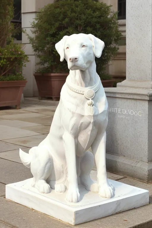 The image is a white marble statue of a dog. The dog is sitting on a marble pedestal and is looking to the left. The dog has a collar with a tag on it. The tag has the words "Little Doc" engraved on it. The statue is located in front of a building.