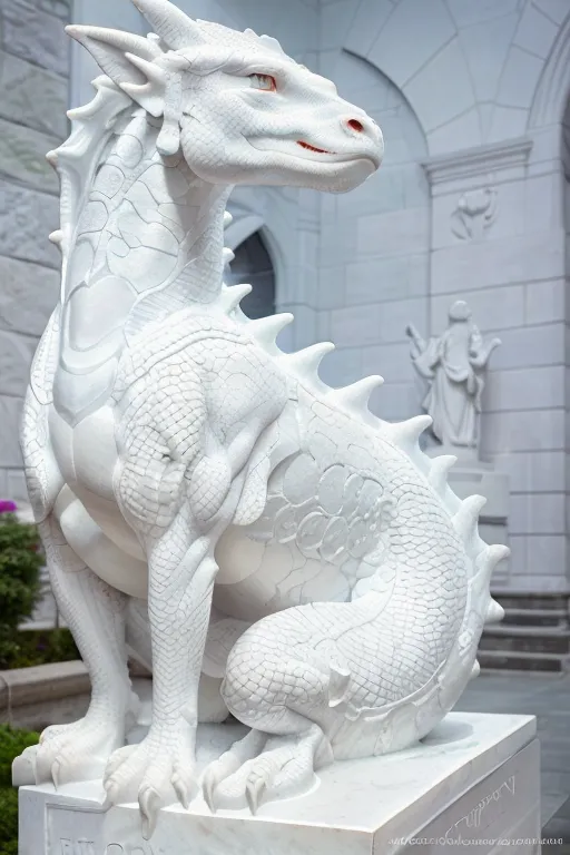 La imagen es una estatua de mármol blanco de un dragón sentado sobre un pedestal. El dragón tiene la cabeza girada hacia un lado y está mirando hacia abajo. El pedestal tiene un relieve de dos figuras, una de las cuales sostiene un libro.