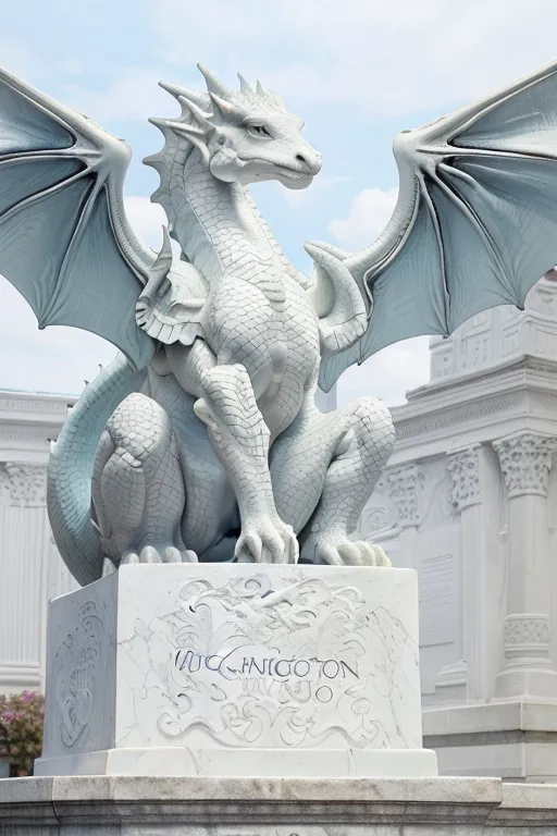 The image is a statue of a white dragon sitting on a pedestal. The dragon is facing the viewer with its wings spread out. The pedestal is inscribed with the words \