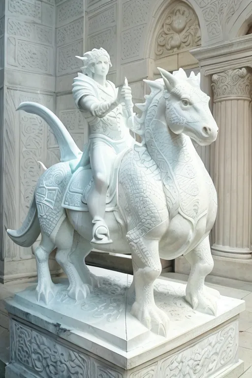 La imagen muestra una estatua de mármol blanco de un hombre montado en un caballo alado. El hombre lleva una armadura y un casco, y sostiene una espada. El caballo tiene un cuerpo largo y serpentino, y un par de alas. La estatua está montada sobre un pedestal de mármol.