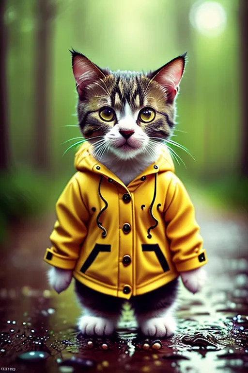 The image shows a small cat wearing a yellow raincoat standing in the rain. The cat has its ears perked up and is looking at the camera with wide eyes. The raincoat has a hood and two black stripes on the sleeves. The cat is standing in a puddle of water, and there are raindrops on the ground around it. The background is a blurred forest scene with trees and leaves.