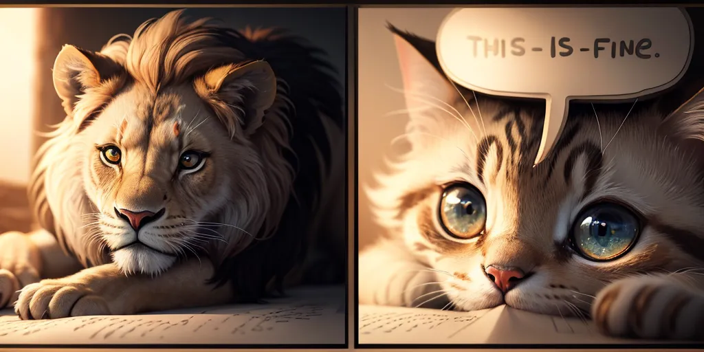 The image shows a lion and a cat sitting side by side. The lion is on the left, and the cat is on the right. The lion is larger than the cat and has a mane. The cat is smaller than the lion and has no mane. Both animals are looking at the viewer. The lion has a calm expression on its face, while the cat has a worried expression on its face. The cat is also sweating. There is a speech bubble coming from the cat that says \