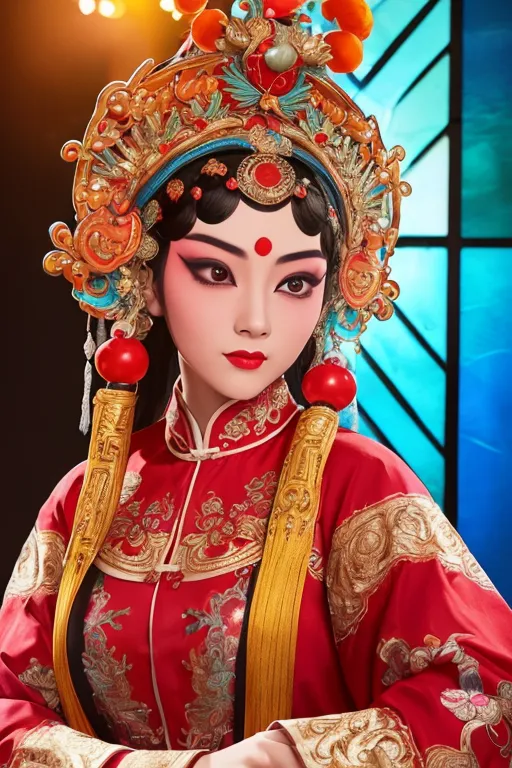 Seorang wanita yang mengenakan kostum opera tradisional Tiongkok berdiri di depan latar belakang biru. Dia mengenakan jubah merah dan emas dengan sulaman rumit dan hiasan kepala dengan ornamen panjang yang menggantung. Wajahnya dirias dengan makeup putih dan dia mengenakan lipstik merah.