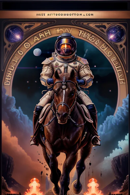 A imagem é uma pintura de um astronauta em um cavalo. O astronauta está usando um traje espacial e um capacete com uma viseira. O cavalo é marrom e tem uma crina e uma cauda longas. O astronauta está segurando as rédeas do cavalo e está sentado em uma sela. O fundo é um céu noturno estrelado com um planeta ao fundo. A pintura é feita em um estilo realista e as cores são vibrantes e realistas.