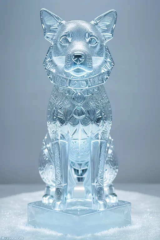 The image shows a sculpture of a dog made of ice. The dog is sitting on a block of ice and is looking straight at the viewer. The sculpture is very detailed and shows the dog's fur, collar, and even its teeth. The ice sculpture is sitting on a block of ice that has snow around it. The background is a light blue color.