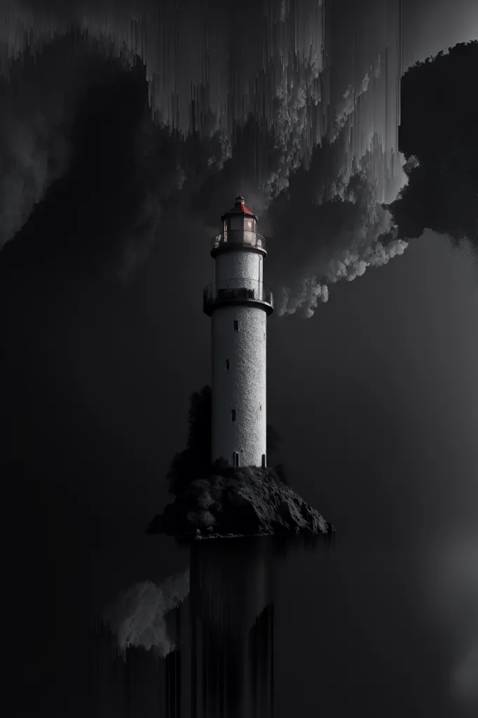 A imagem é uma foto em preto e branco de um farol em uma pequena ilha rochosa. O farol é alto e branco com um telhado vermelho. O mar está calmo e não há outros edifícios ou pessoas na ilha. O céu está escuro e nublado e uma tempestade está se formando. A imagem está cheia de mistério e suspense.