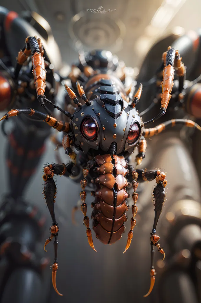 The image is a close-up of a robotic insect. The insect has a black and orange body with red eyes. It has six legs and two antennae. The insect is standing on a metal surface. The background is out of focus and is a dark color.