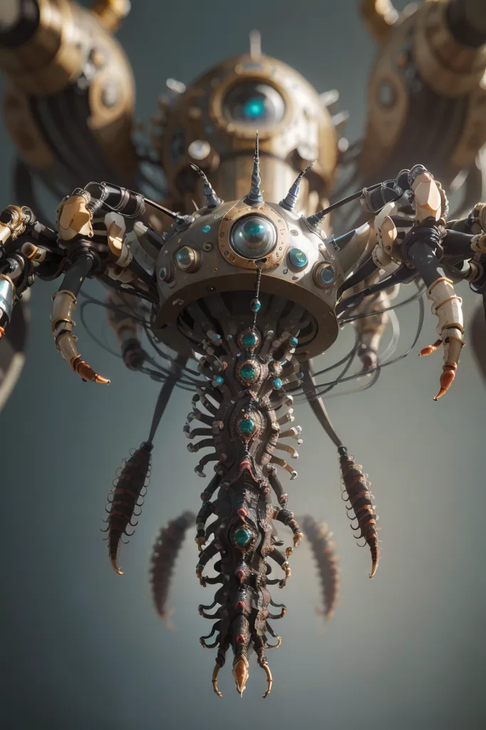 The image is a 3D rendering of a steampunk mechanical spider. The spider has a large, round body with a glowing blue eye in the center. Its legs are long and spindly, with sharp claws at the ends. The spider is also covered in various gears, cogs, and other mechanical parts. It is unclear what the spider is made of, but it appears to be made of metal and other hard materials. The spider is also surrounded by a number of small, glowing blue lights. These lights may be used to attract prey or to communicate with other spiders.