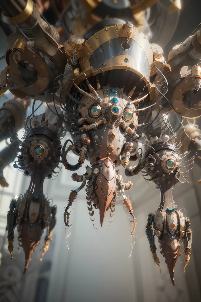 The image is a steampunk style illustration of a mechanical octopus like creature. It has a large central body with a glowing blue eye in the center and six mechanical tentacles. The creature is hanging from the ceiling by chains and there are several smaller mechanical creatures with glowing blue eyes attached to it. The background is a blurred out steampunk style cityscape.