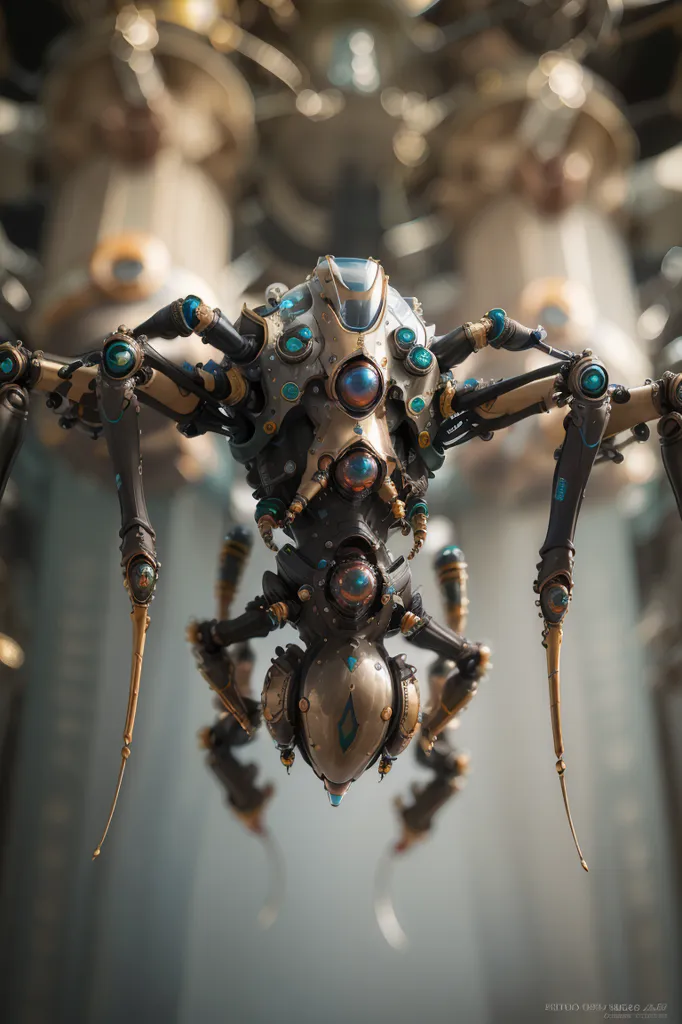 La imagen es un renderizado 3D de una araña mecánica con 8 patas. La araña está hecha de una variedad de materiales, incluyendo metal, vidrio y plástico. Tiene un cuerpo grande y redondo con un ojo azul en el centro. Las patas de la araña son largas y delgadas, y cada pata tiene una pequeña garra afilada al final. La araña está parada sobre una superficie de vidrio, y hay varias otras arañas mecánicas en el fondo.