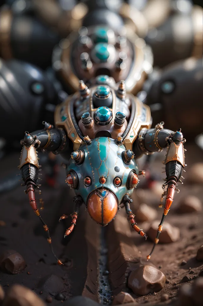 The image is a close up of a steampunk spider-like robot. The robot is made of metal and has six legs. On the top of its body, there are several blue lights, and its eyes are glowing orange. The robot is standing on a rocky surface.