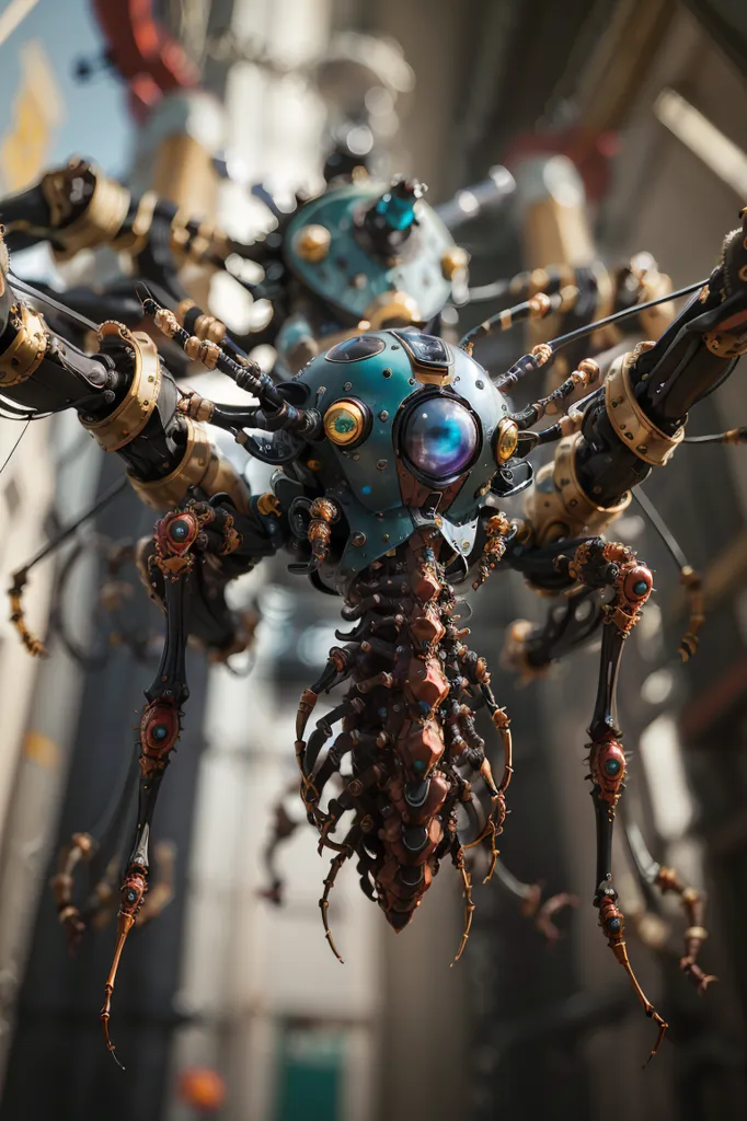 The image is a 3D rendering of a steampunk spider-like robot. The robot has a blue and bronze body with multiple legs and a large eye on its head. It is standing on a metal surface with a blurred background.