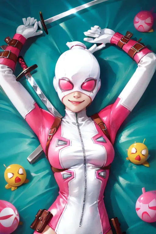 The image is of a female character lying on a bed. She is wearing a white and pink bodysuit with a mask over her eyes. She has a sword in her right hand and is surrounded by small, yellow creatures. The background is a light blue color.