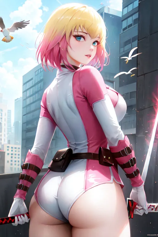 The picture shows a woman wearing a white and pink bodysuit. She has blonde and pink hair and blue eyes. She is standing on a rooftop with a cityscape in the background. She is holding two swords.