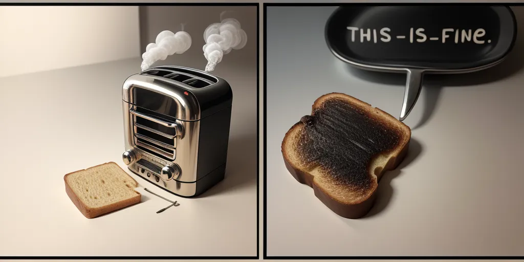 The image shows a toaster on the left and a piece of burnt toast on the right. The toaster has a slot for the bread and a lever to lower the bread into the toaster. The piece of toast is black and has a speech bubble coming out of it that says "This is fine."