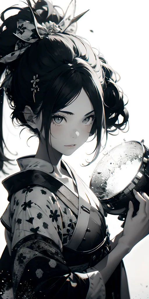 A imagem é um retrato em preto e branco de uma jovem mulher com cabelos longos e pretos e olhos azuis. Ela está usando um quimono tradicional japonês com um padrão floral. A mulher está segurando um objeto grande e redondo em suas mãos. O objeto está coberto por um pano. A expressão da mulher é séria e concentrada. O fundo é branco.