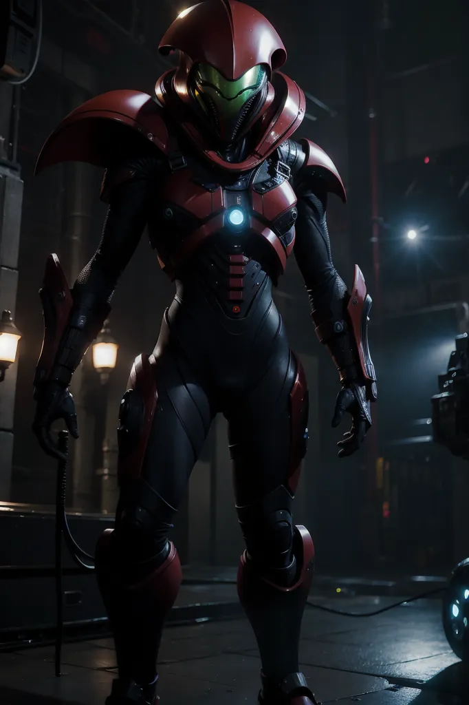 The image shows a person in a futuristic suit of armor. The armor is red and black, with green lights on the chest and arms. The person is standing in a dark room, with a bright light in the background. The person is holding a gun in their right hand.