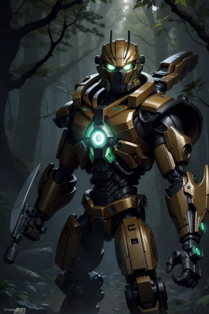 The image shows a robot standing in a forest. The robot is made of gold and black metal, and has green lights glowing from its eyes, chest, and hands. It is holding a knife in its right hand. The robot is surrounded by trees, and the sun is shining through the trees.