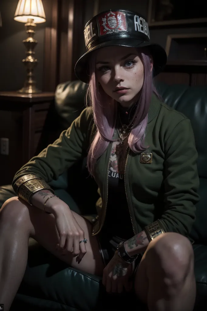 The photo shows a young woman, probably in her 20s, sitting in a dark room. She is wearing an olive green bomber jacket, a black bucket hat, and several pieces of jewelry, including a large ring on her right hand and several bracelets on her left wrist. She has light pink hair and dark makeup on her eyes. She is sitting in a dark green leather chair with a lamp on the table next to her.