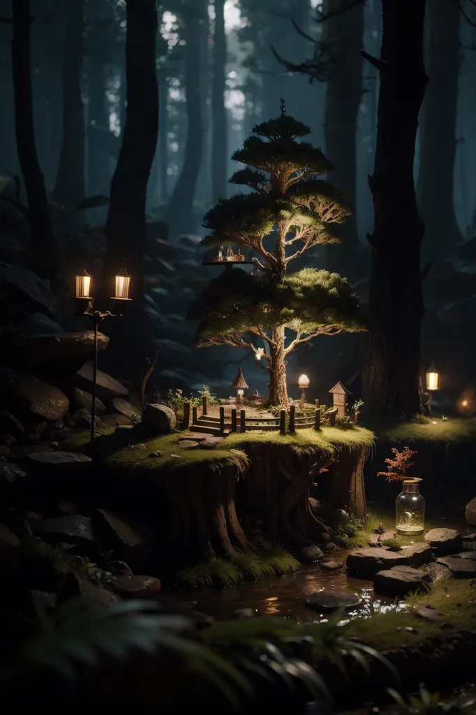 The image is a digital painting of a forest at night. The forest is dark and mysterious, with tall trees and a thick canopy of leaves. There is a small clearing in the forest, with a tree in the center. The tree is lit up by a number of lanterns, and there are several small houses built around it. The houses are made of wood and have thatched roofs. There is a small stream running through the clearing, and there are several rocks and boulders scattered around. The image is very peaceful and serene, and it captures the beauty of the forest at night.