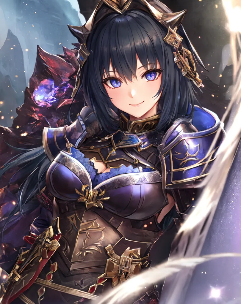 The image is of a young woman with long blue hair and purple eyes. She is wearing a blue and gold breastplate and a brown skirt. She is also wearing a sword on her left hip. She has a determined expression on her face and seems to be ready for battle. The background is a dark cave with a blue crystal in the distance.