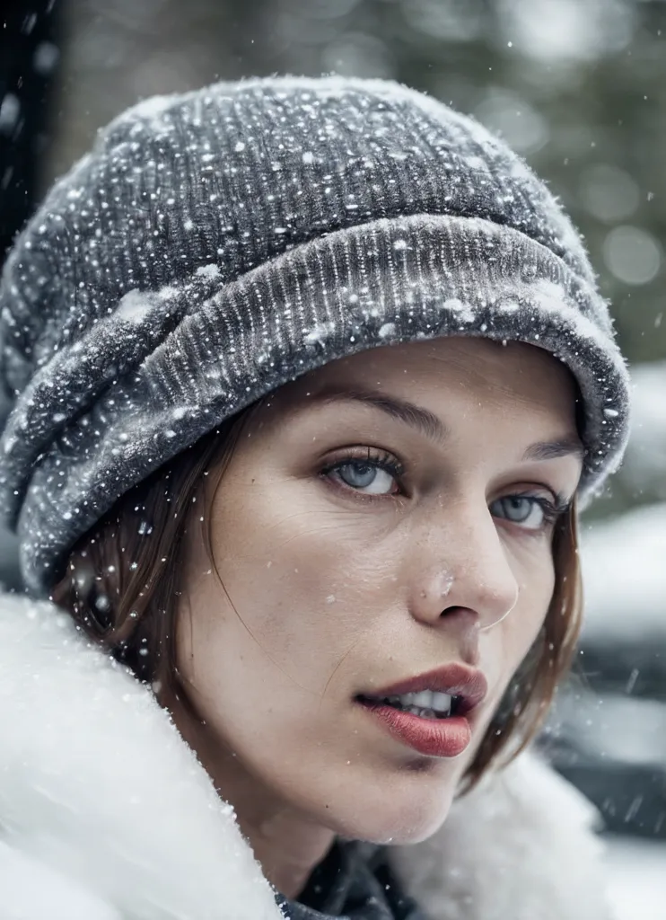 L'image montre une jeune femme portant un bonnet gris avec une doublure en fourrure blanche. Le bonnet est tiré bas sur ses oreilles, et ses cheveux s'échappent de dessous. Son visage est pâle et sans défaut, et ses yeux sont d'un bleu profond. Ses lèvres sont légèrement entrouvertes, et elle a une expression pensive sur le visage. Il neige légèrement à l'extérieur, et les flocons de neige tombent sur son bonnet et ses épaules.