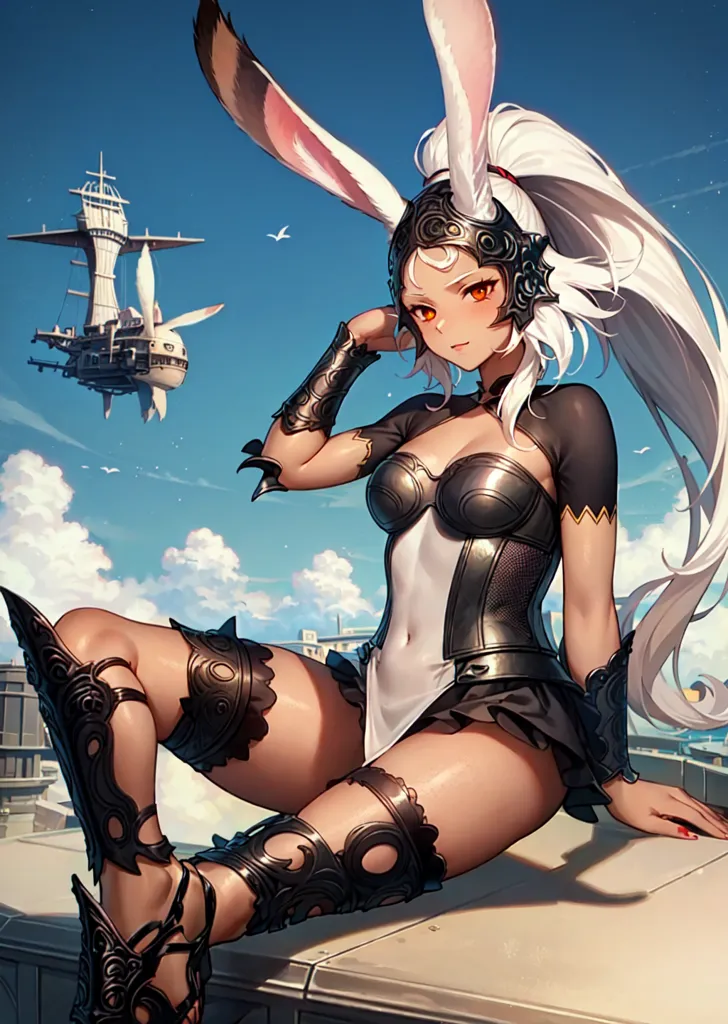 The image is of a beautiful young woman with long white hair and rabbit ears. She is wearing a revealing outfit of black and white, and she is sitting on a rooftop with her legs crossed. In the background, there is a large airship flying through the sky.