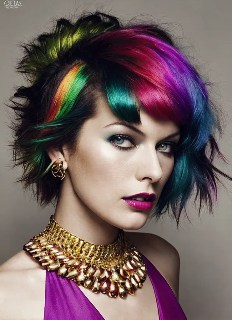 L'image montre une femme avec un style de cheveux très coloré. Le côté gauche de sa tête est rasé et les cheveux du côté droit sont longs et multicolores. Les couleurs incluent le bleu foncé, le vert, le jaune, le rose et le violet. Elle porte un collier en or et une robe violette. Son maquillage est également très coloré, avec une ombre à paupières violette foncée et un rouge à lèvres rose vif.