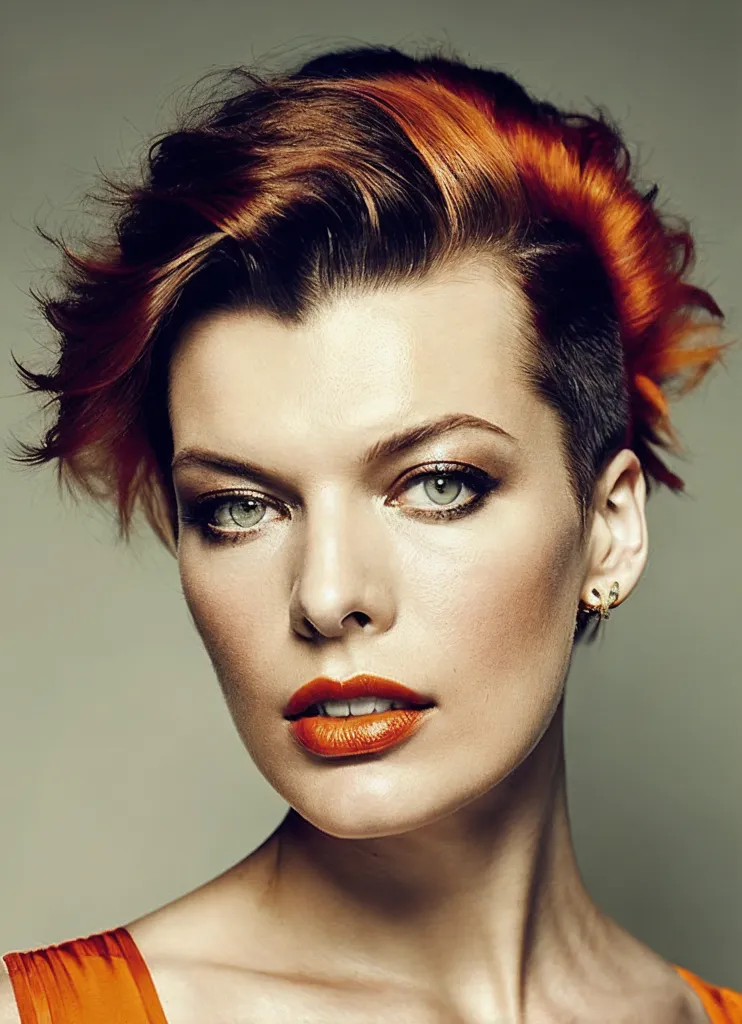 The picture shows a woman with short hair. The hair on the left side of her head is dark brown, while the hair on the right side of her head is bright orange. She is wearing orange lipstick and dark eyeshadow. She is looking at the camera with a serious expression.