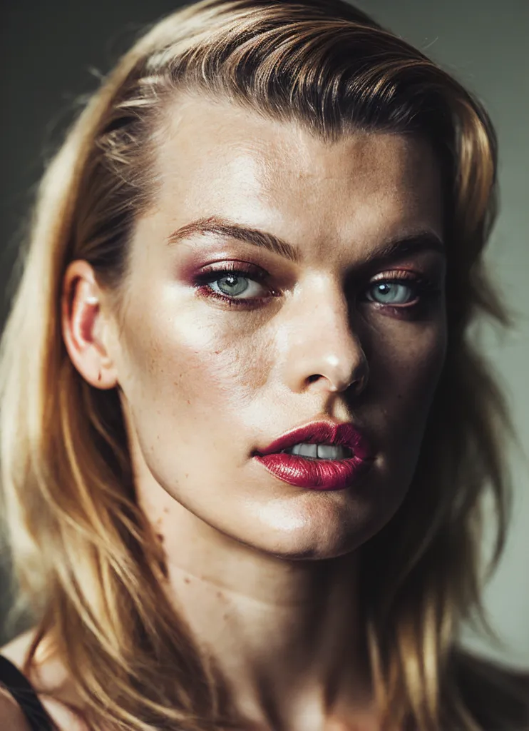 The image is a close-up portrait of a young woman with blonde hair and green eyes. She is wearing dark eyeshadow and bright red lipstick. Her hair is wet and styled in a way that is both casual and elegant. The woman's skin is flawless and her eyes are bright and alert. She is looking directly at the camera with a slightly raised eyebrow, which suggests that she is confident and self-assured. The background of the image is a dark neutral color, which helps to make the woman's face the focal point of the image.